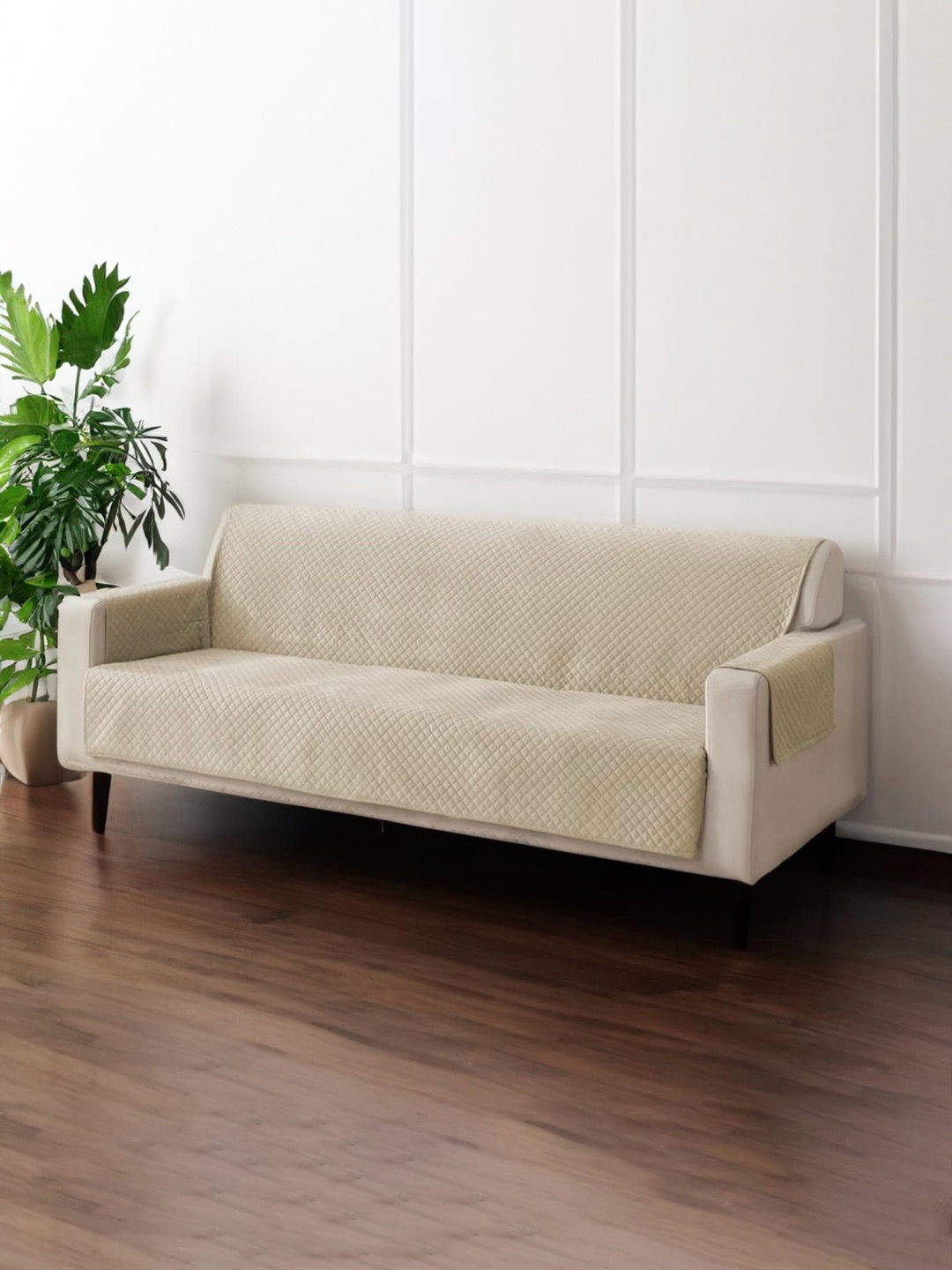 

Fashion Throw Beige Checked Velvet 3 Piece Sofa Cover With Arms