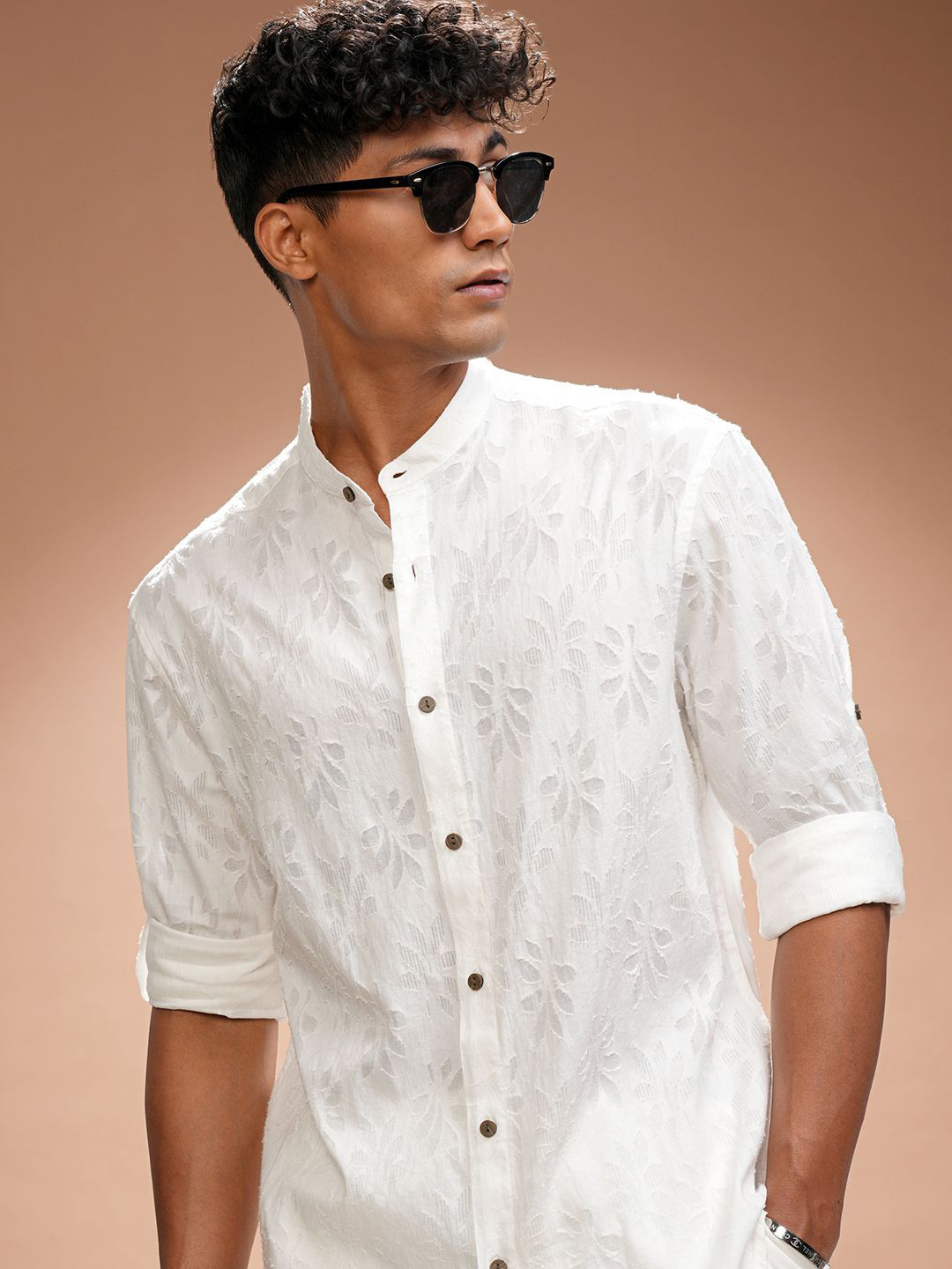 

HIGHLANDER Men Comfort Relaxed Fit Band Collar Floral Printed Cotton Casual Shirt, White