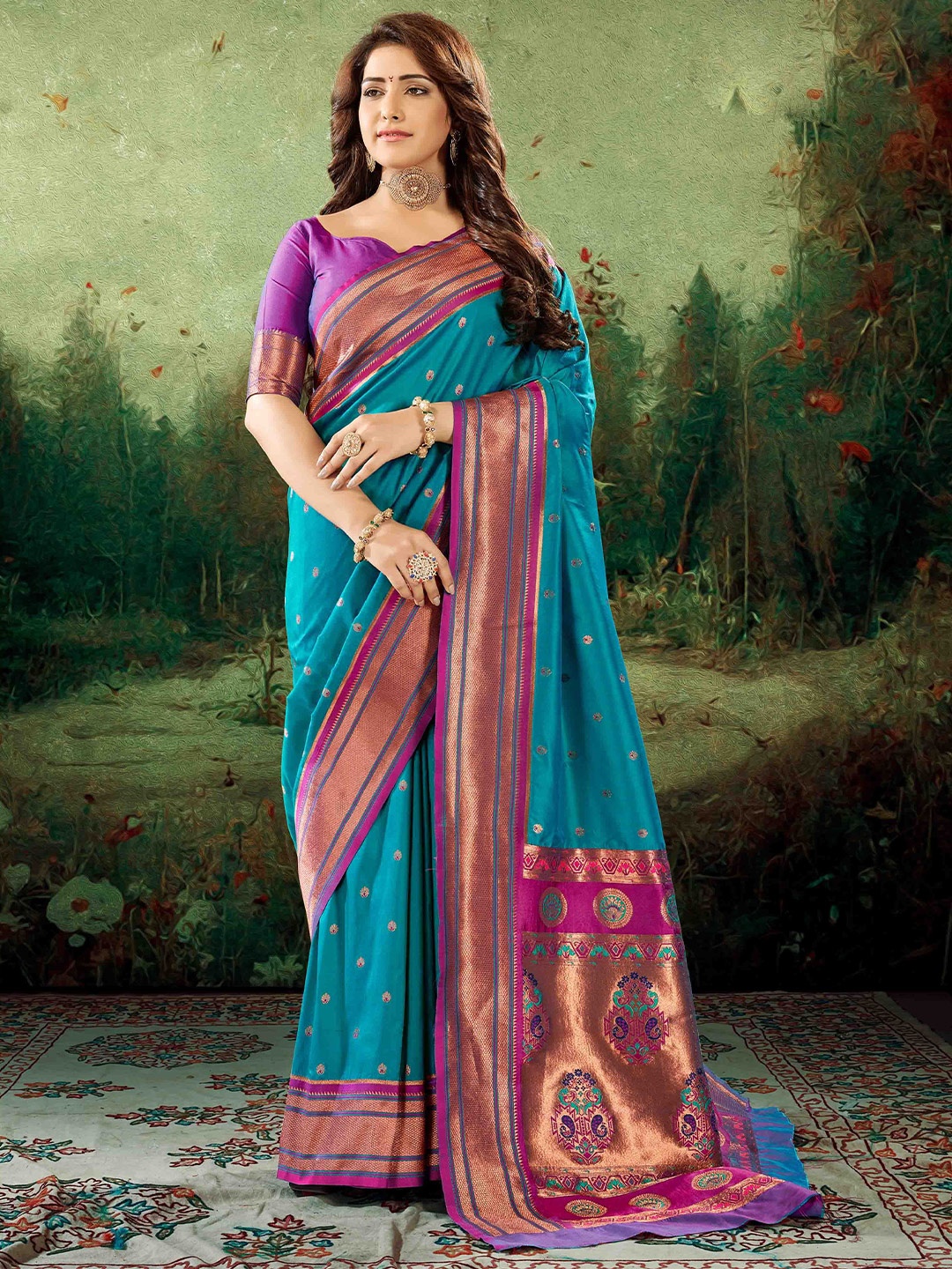 

Mitera Woven Design Zari Handloom Paithani Saree, Teal