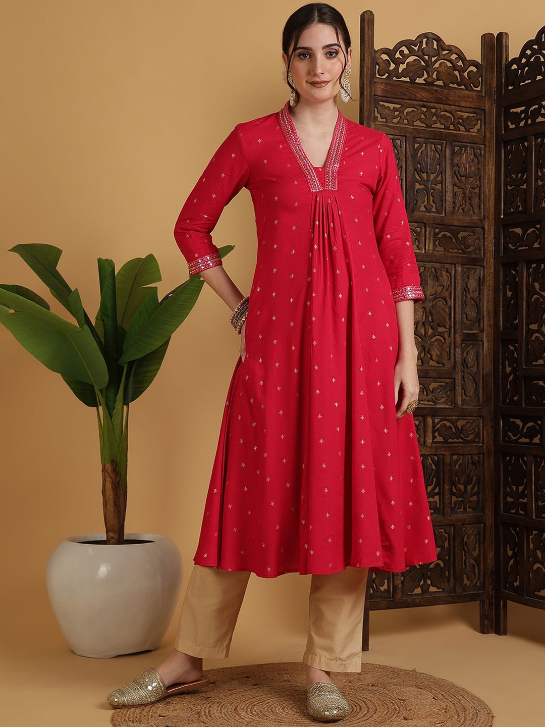 

GULMOHAR JAIPUR Embroidered V Neck Pleated A Line Kurta, Coral