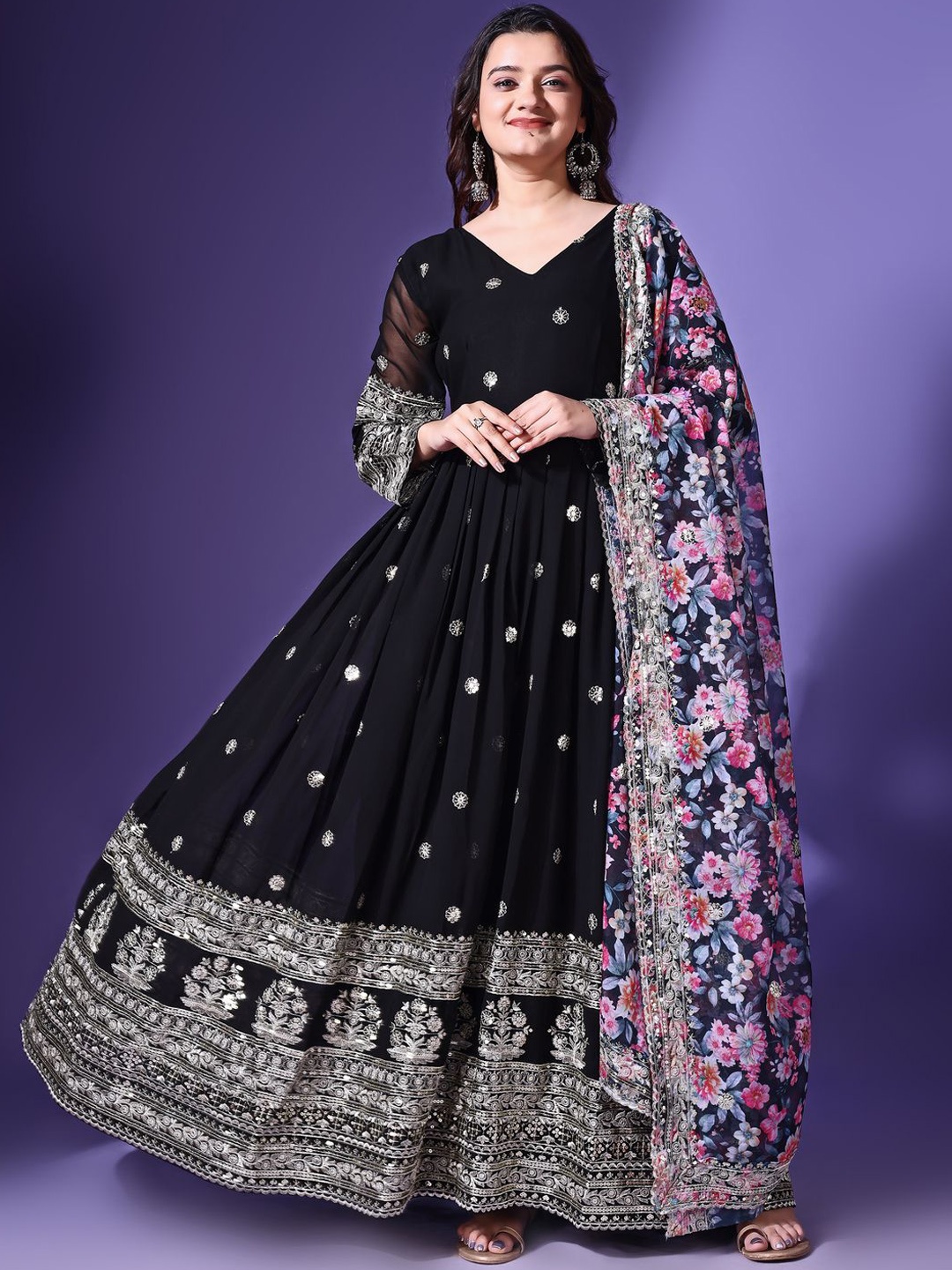

Fashion Basket Embroidered Georgette Anarkali Gown Ethnic Dress With Dupatta, Black