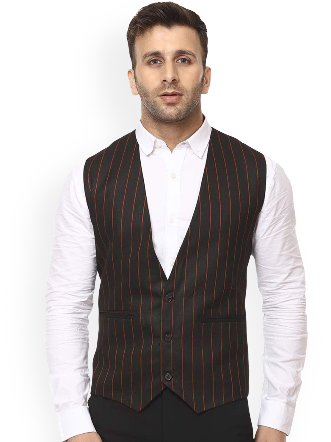 

VEERA PARIDHAAN Striped Woven Waistcoat, Black