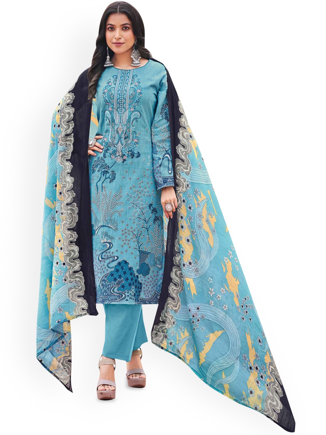 

DRAVINAM Trends Embroidered Thread Work Pure Cotton Unstitched Dress Material, Blue