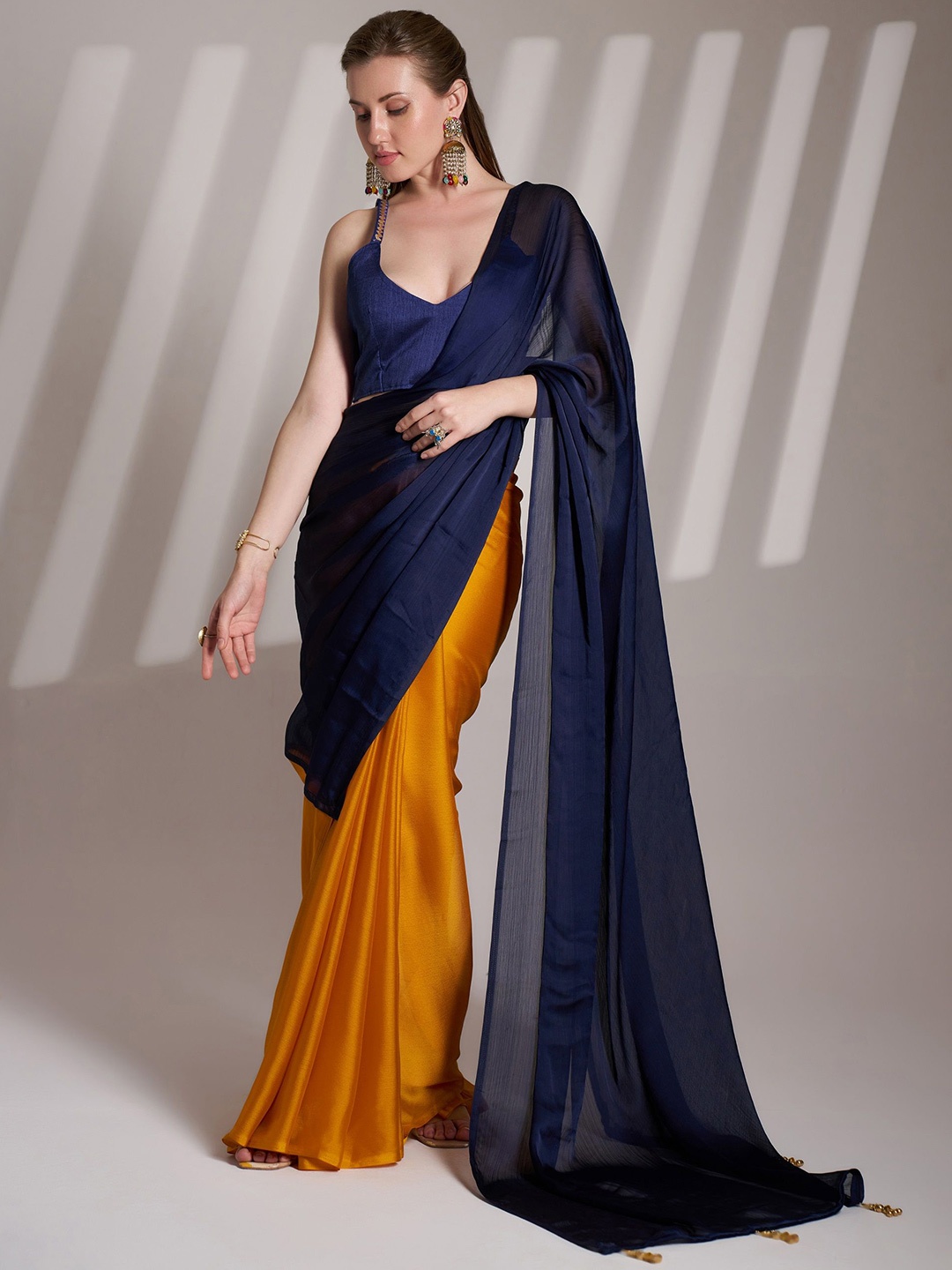 

MAHALASA Colourblocked Satin Half and Half Saree, Blue