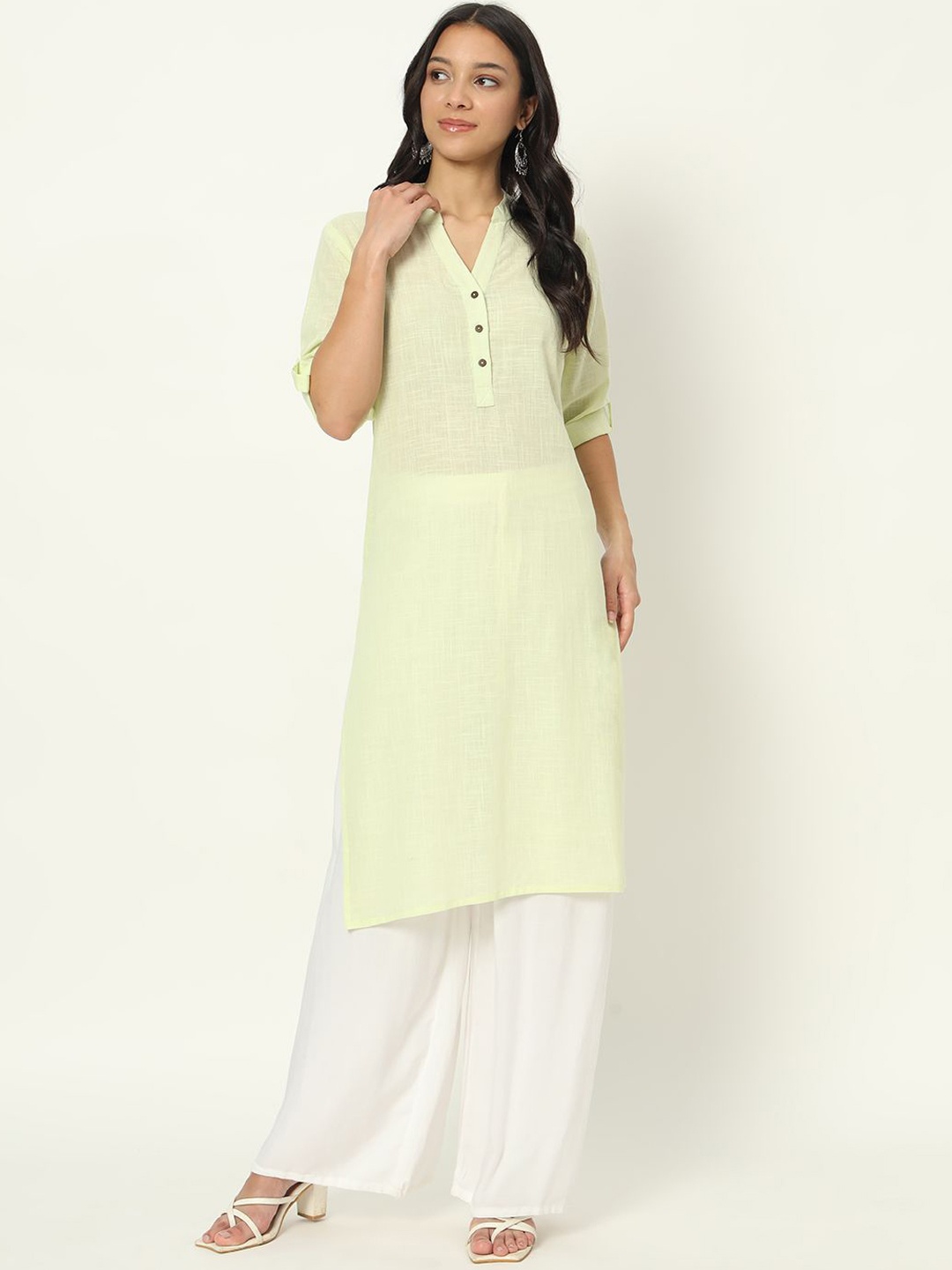 

Laad Linen Mandarin Collar Linen Straight Kurta, Green