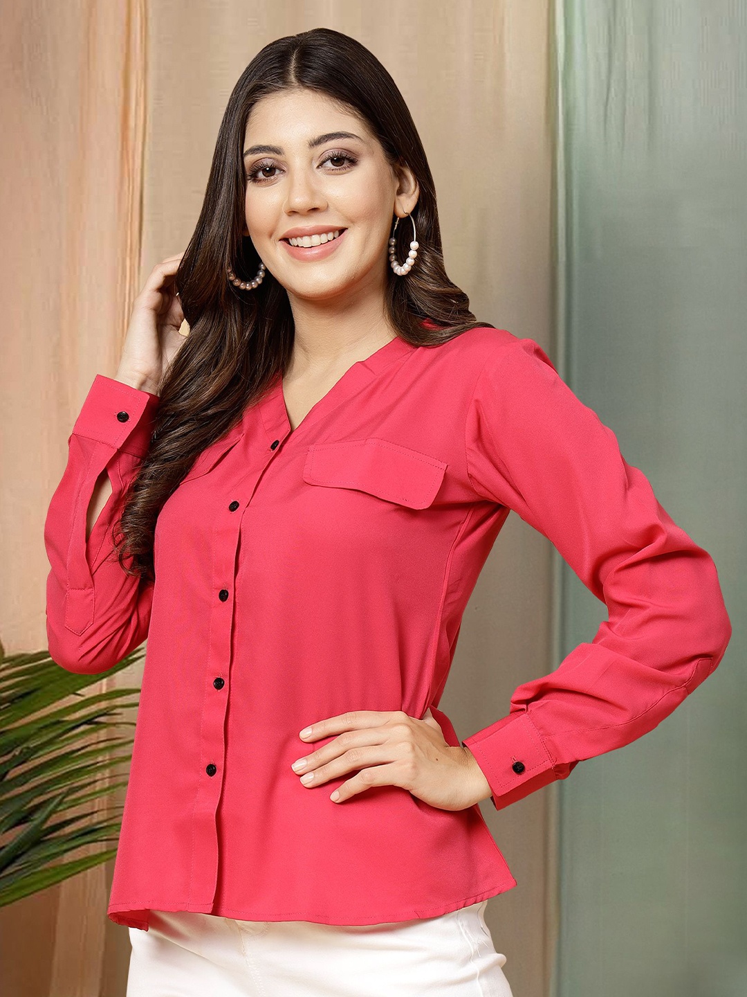 

Moda Rapido Women V-Neck Cuffed Sleeves Shirt Style Top, Pink