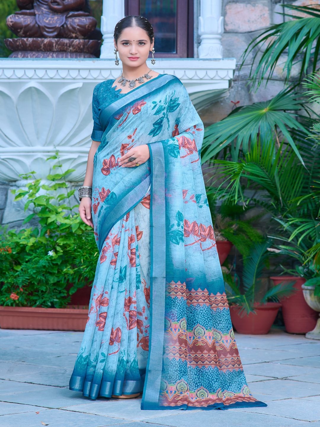 

TRENDING KART Floral Printed Zari Chanderi Saree, Blue