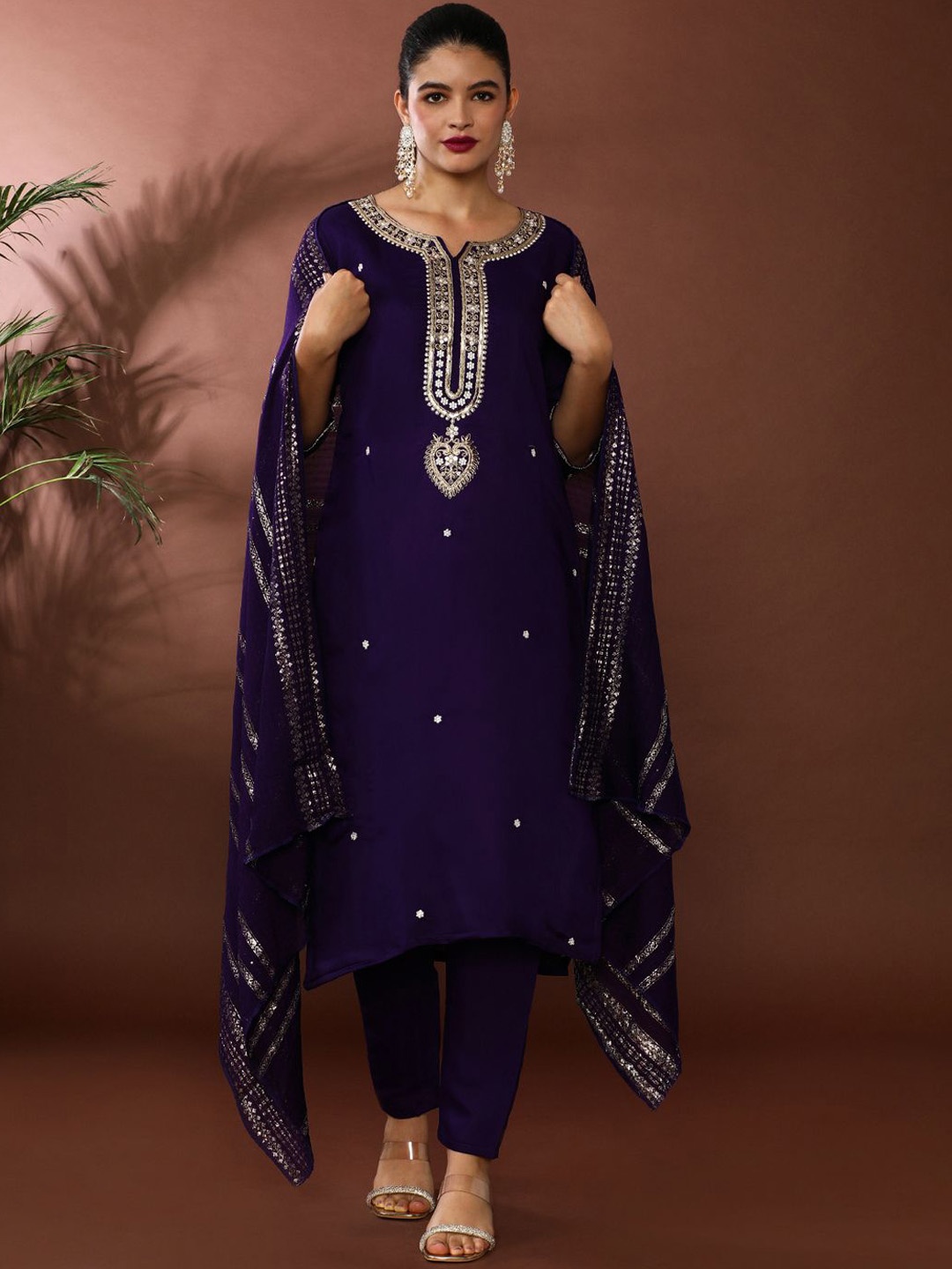 

Jaipur Kurti Floral Embroidered Sequinned Chanderi Cotton Kurta With Trouser & Dupatta, Purple