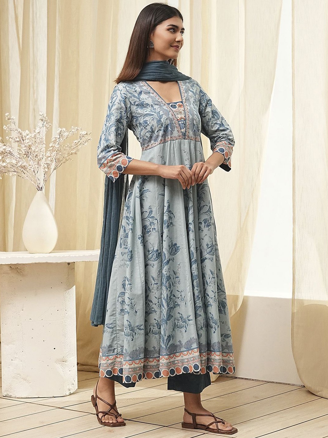 

Biba Floral Printed Square Neck Pure Cotton Panelled Anarkali Kurta With Palazzo & Dupatta, Blue