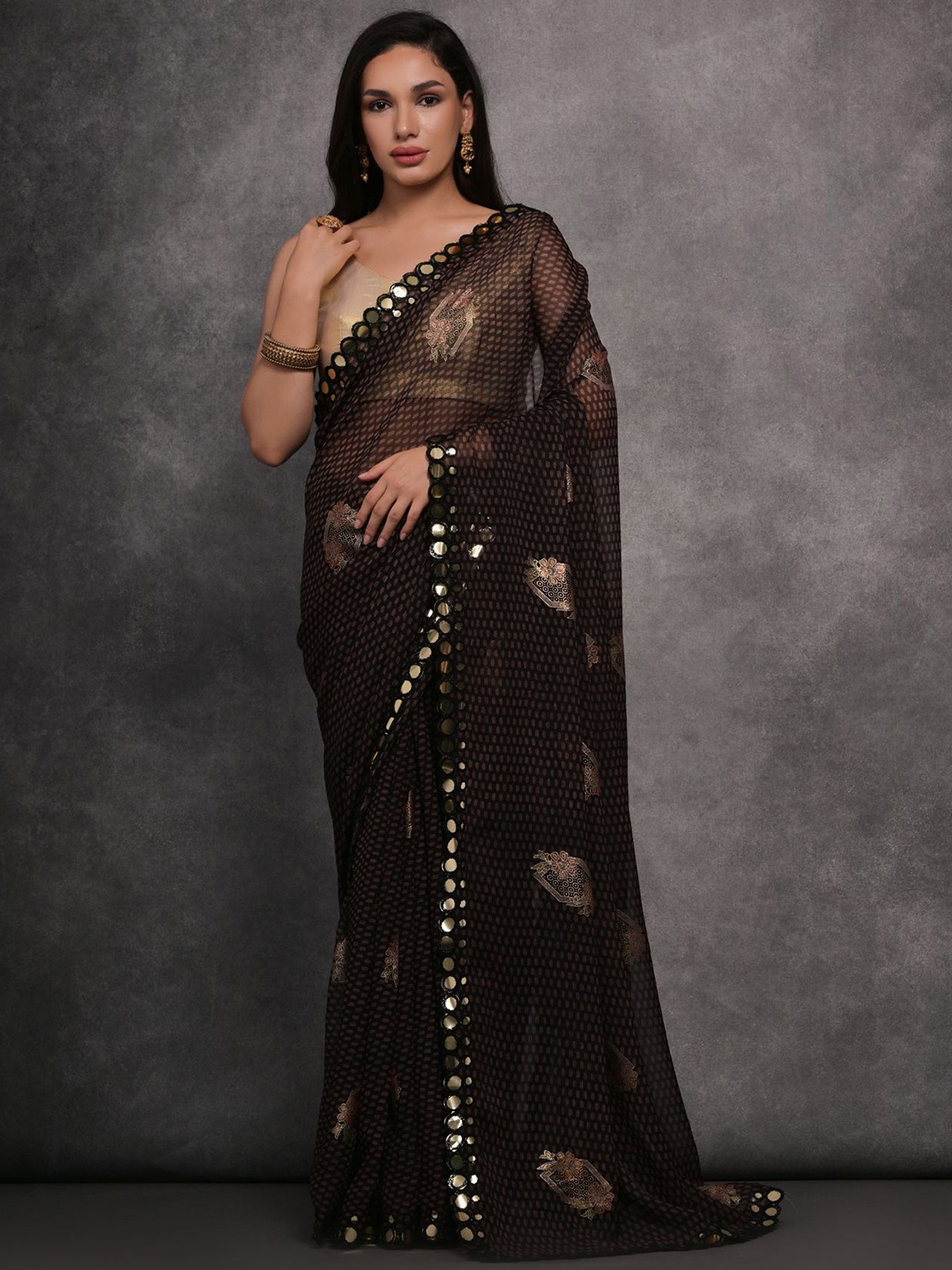 

LeeliPeeri Designer Printed Mirror Work Saree, Black