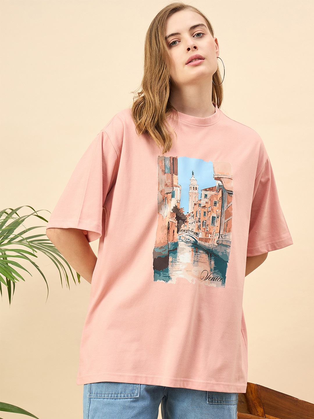 

Mast & Harbour Women Printed Drop-Shoulder Sleeves T-shirt, Peach
