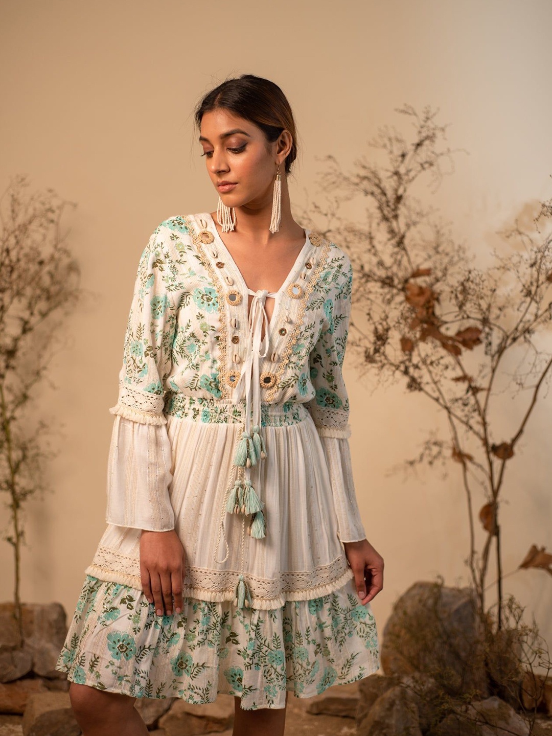 

Label Reyya Women Floral Printed Bell Sleeve Fit and Flare Dress, White