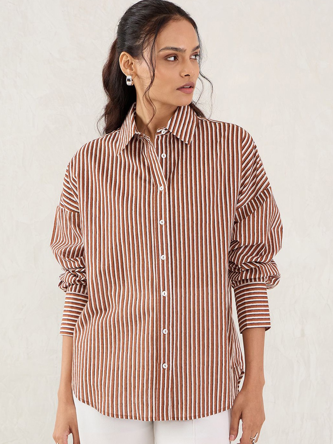 

FEMMELLA Women Striped Cuffed Sleeves Cotton Shirt Style Top, Brown