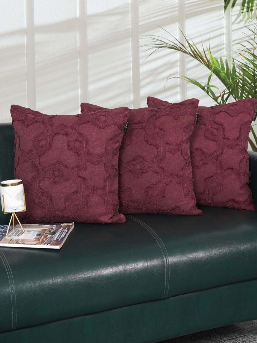 

Ode & Cleo Maroon Set of 3 Embroidered Square Cushion Covers