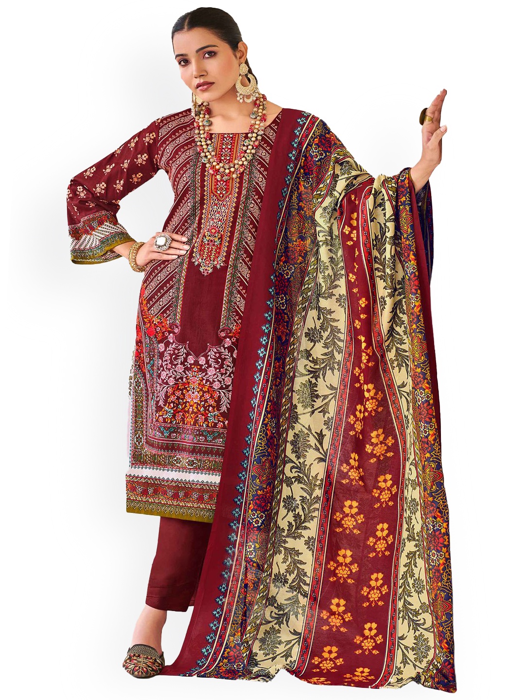 

DRAVINAM Trends Embroidered Pure Cotton Unstitched Dress Material, Maroon