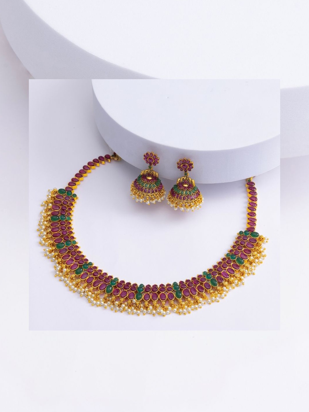 

South Temple Jewellery Gold-Plated Ruby Stones Studded Jewellery Set