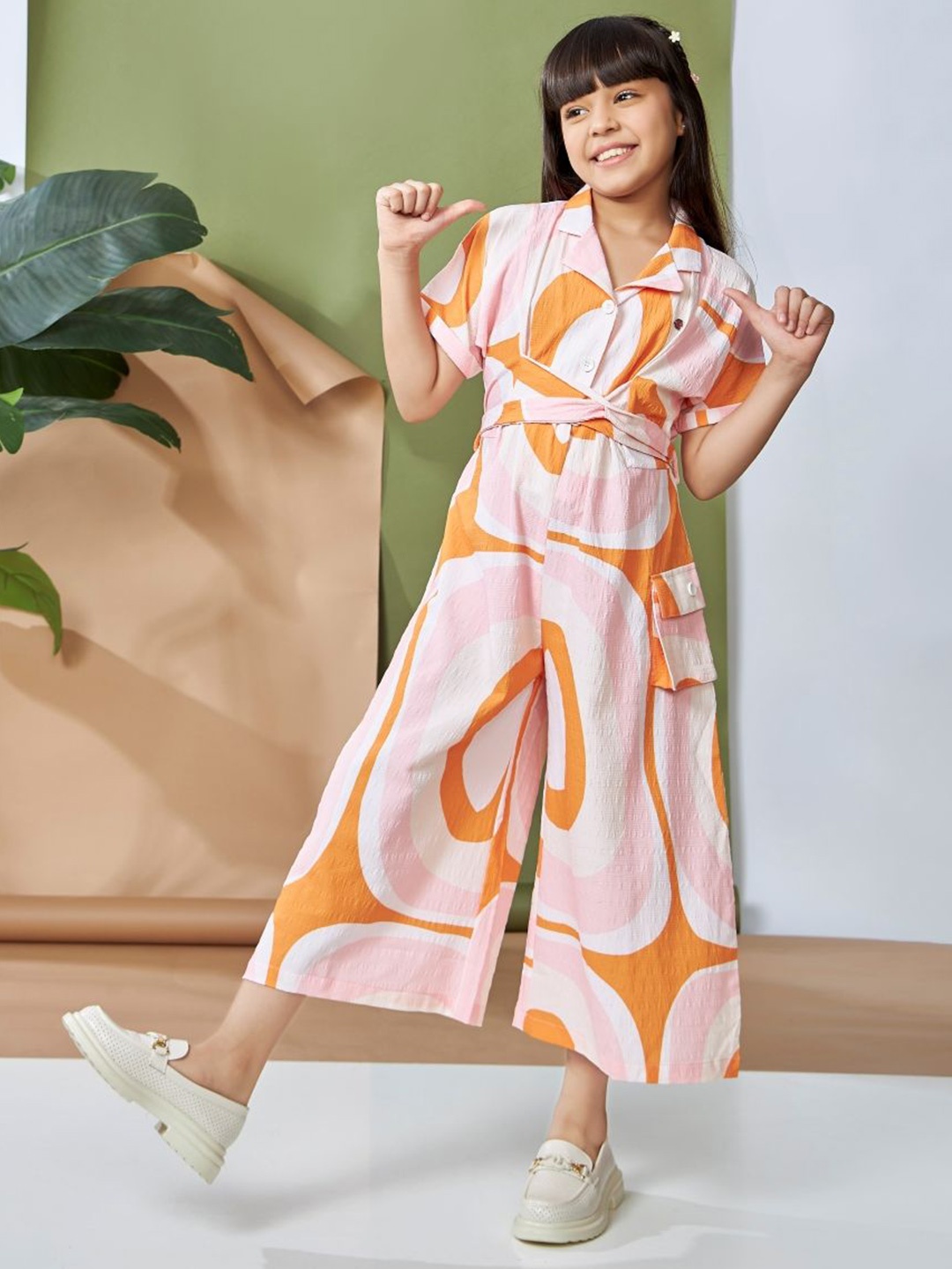 

Peppermint Girls Shirt Collar Printed Basic Jumpsuit, Orange