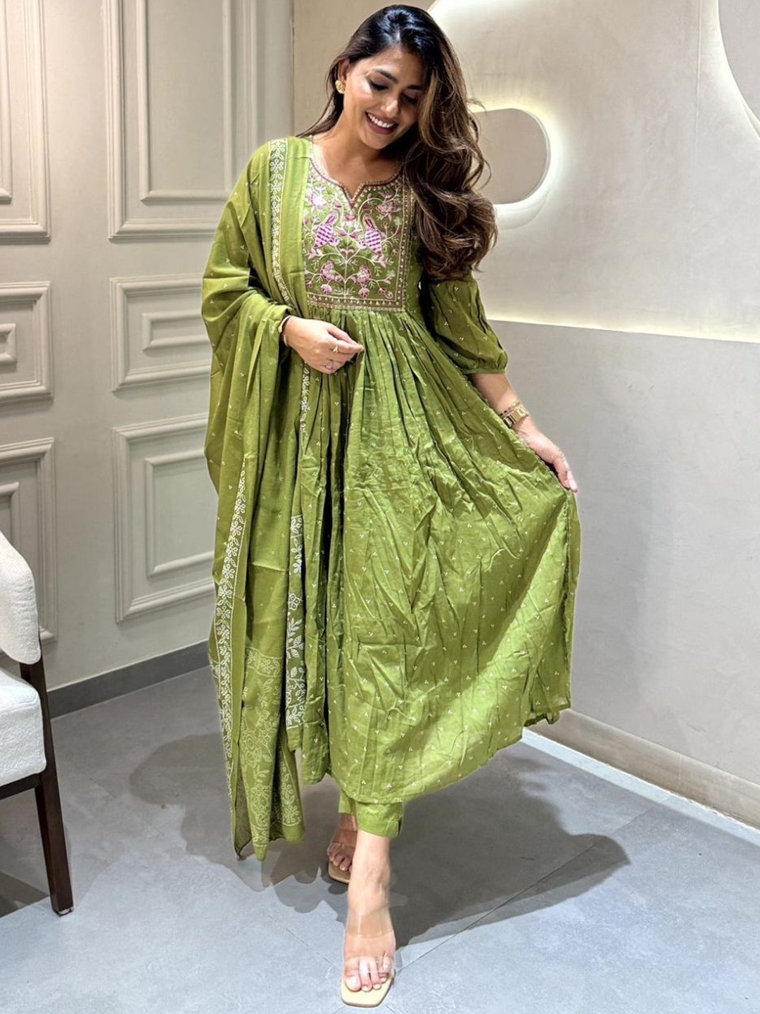 

KALINI Floral Embroidered Thread Work Notch Neck A-Line Kurta with Trousers & Dupatta, Green