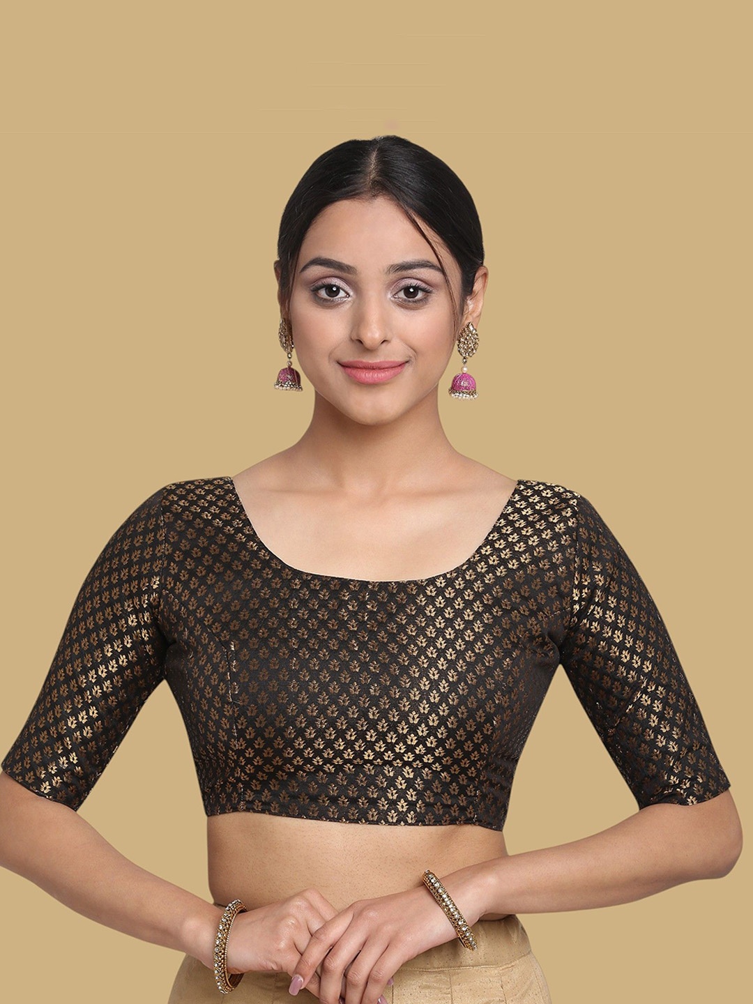 

Oomph! Women Woven Design Boat Neck Jacquard Saree Blouse, Black