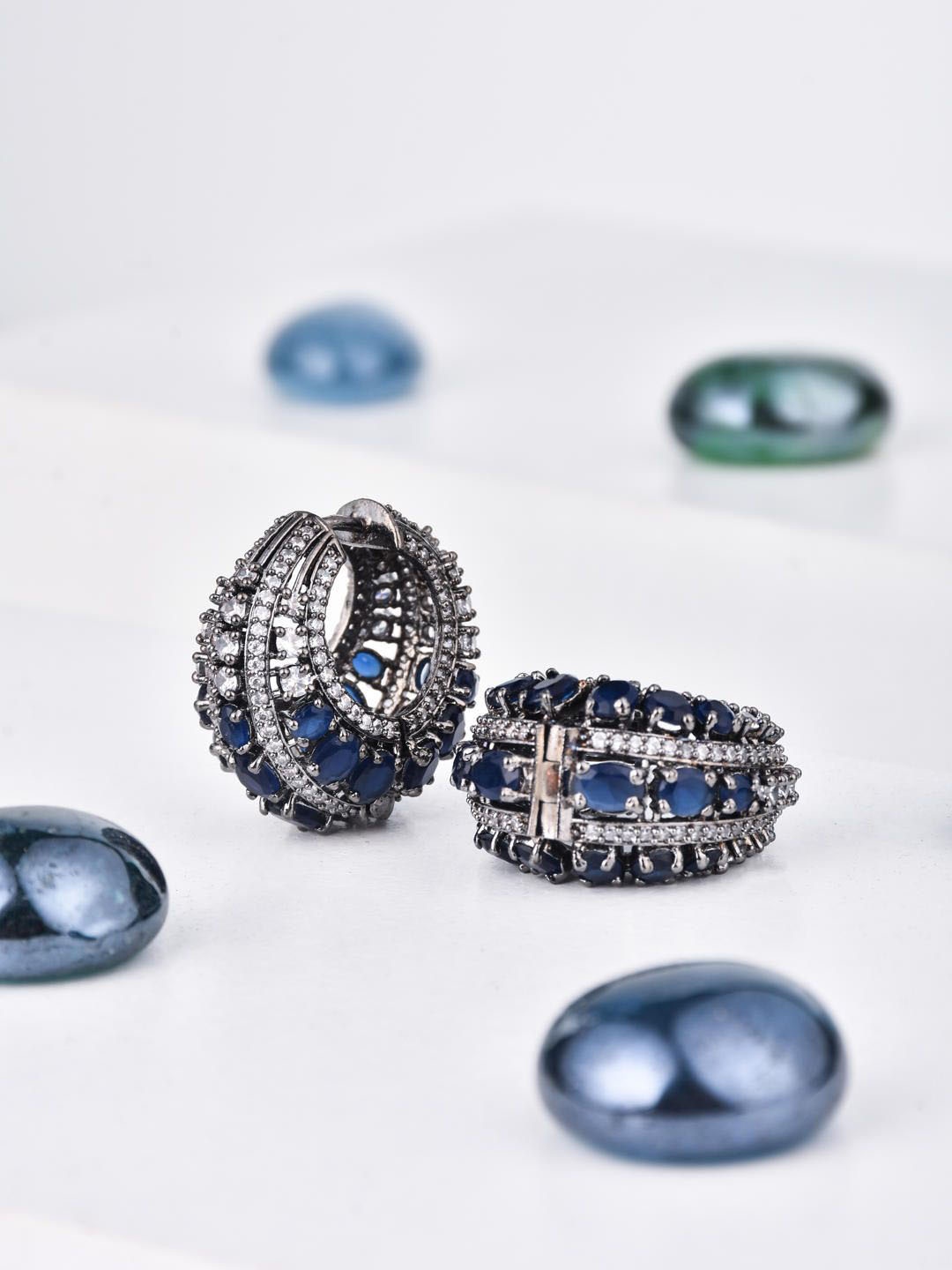 

Reenisaa Rhodium-Plated Cubic Zirconia Studded Oval Hoop Earrings, Navy blue