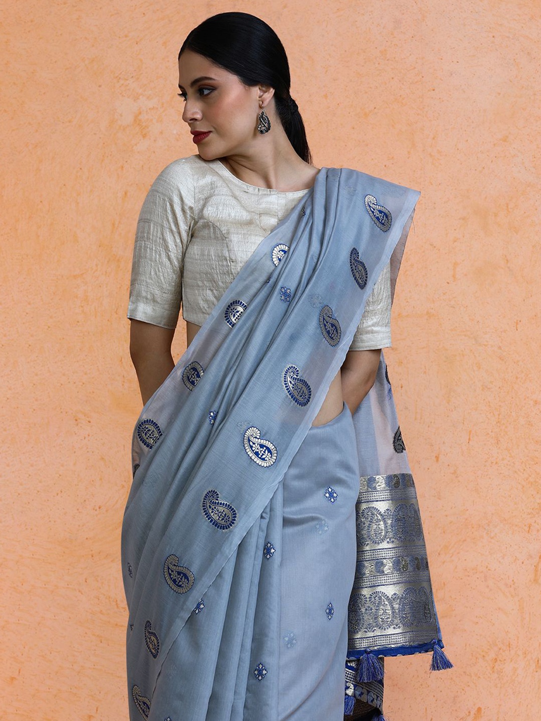 

SARHA Woven Design Chanderi Cotton Saree, Grey