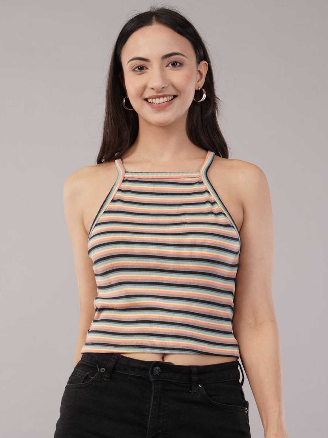 

Nalax Designs Women Cotton Striped Halter Neck Tank Top, White