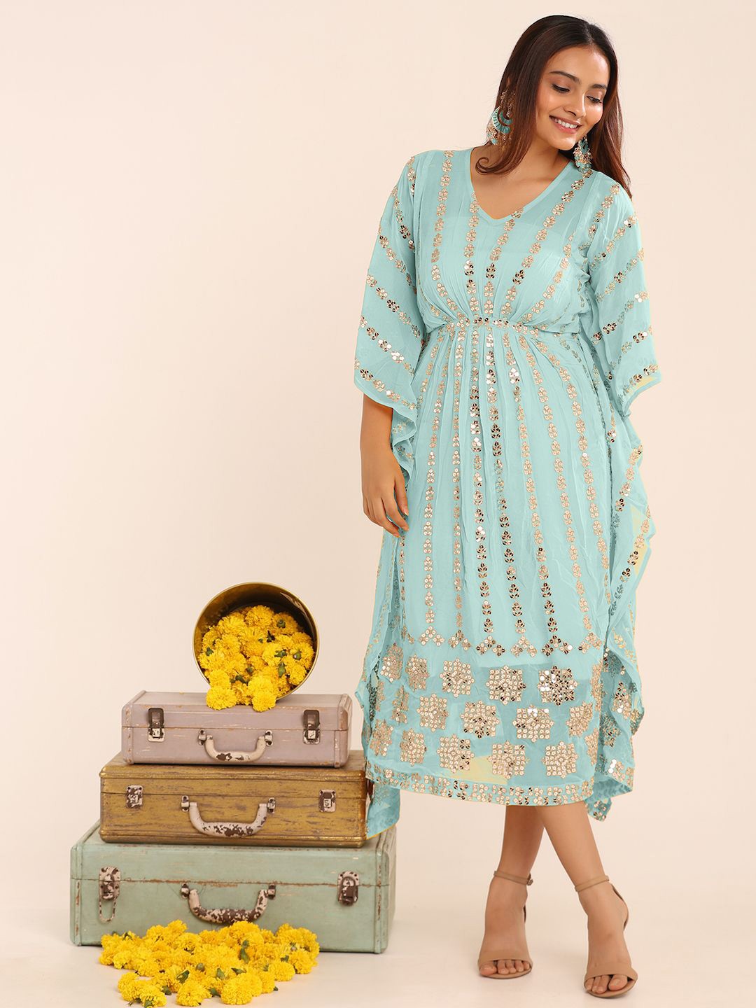 

THE BLESSED WARDROBE Embellished Georgette Kaftan Midi Dress, Blue