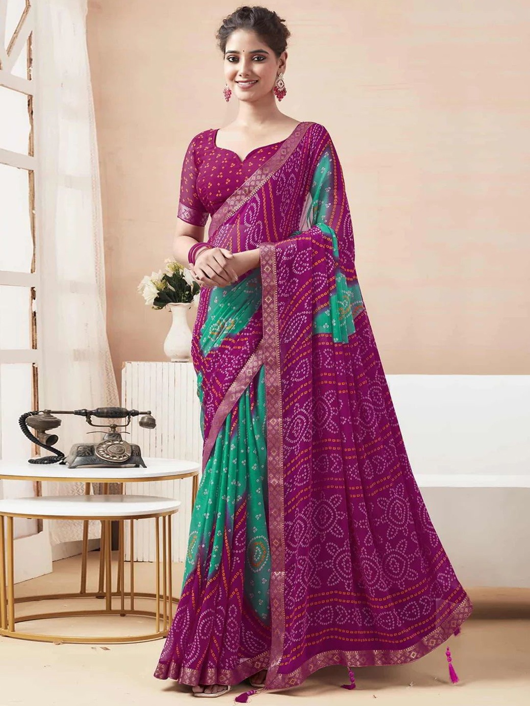 

Styleveda Printed Zari Pure Georgette Bandhani Saree, Pink
