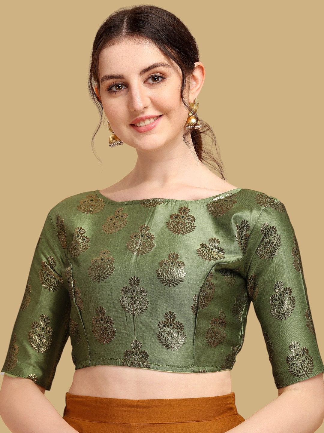 

Oomph! Woven Design Boat Neck Saree Blouse, Green