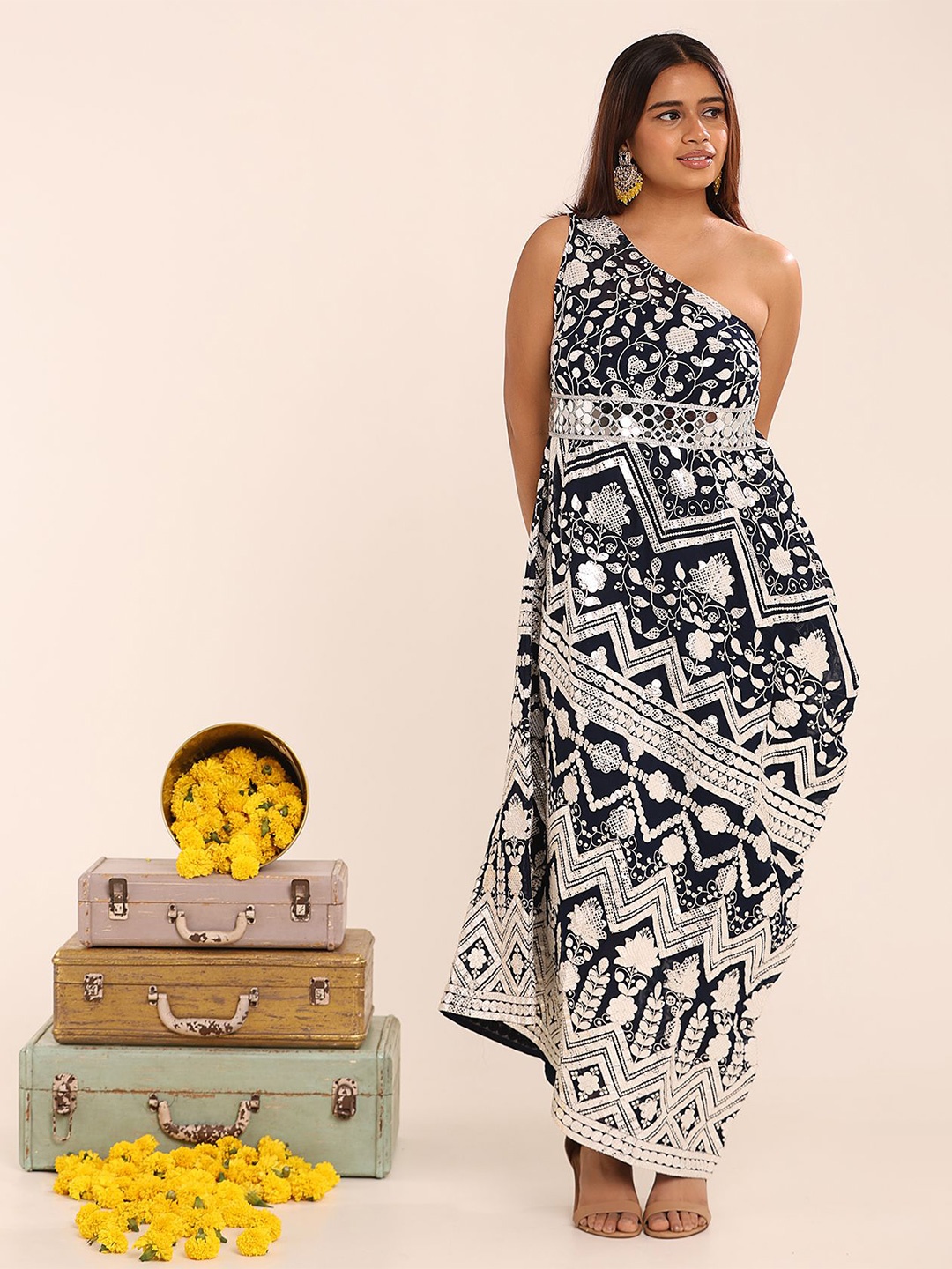 

THE BLESSED WARDROBE Women Floral Embroidered Georgette Fit & Flare Maxi Dress, Navy blue