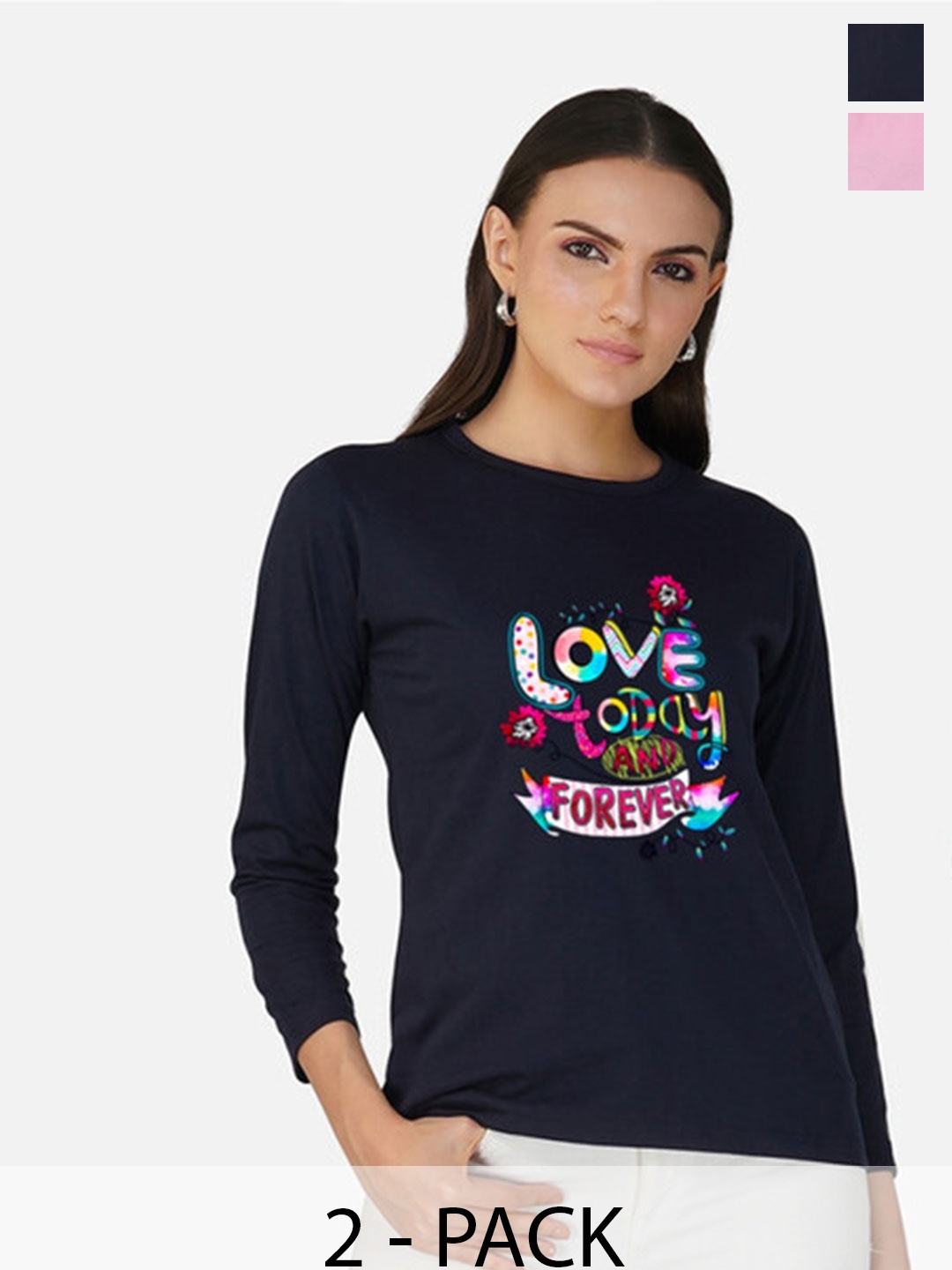

Metronaut Women 2 Printed Bio Finish Applique T-shirt, Navy blue