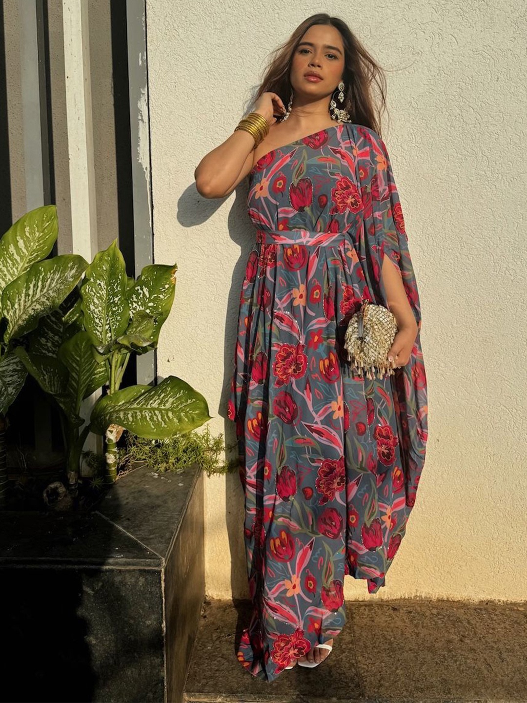 

THE BLESSED WARDROBE Ethnic Motifs Print Georgette Fit & Flare Maxi Dress, Grey