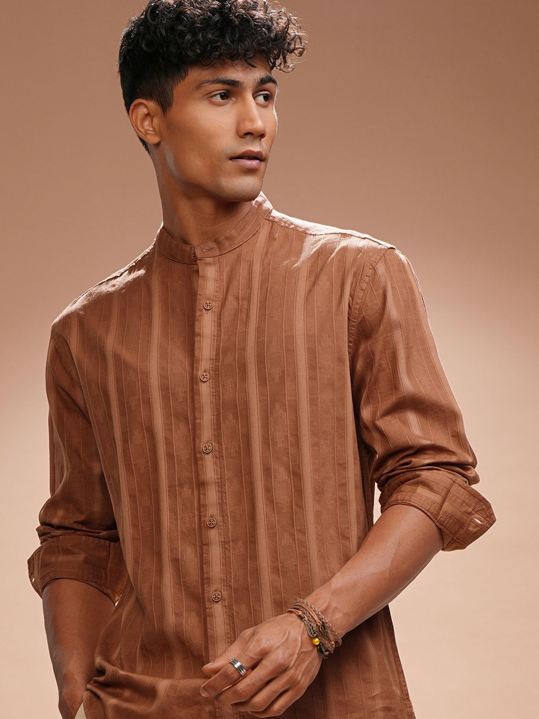 

HIGHLANDER Men Comfort Relaxed Fit Band Collar Textured Cotton Casual Shirt, Brown