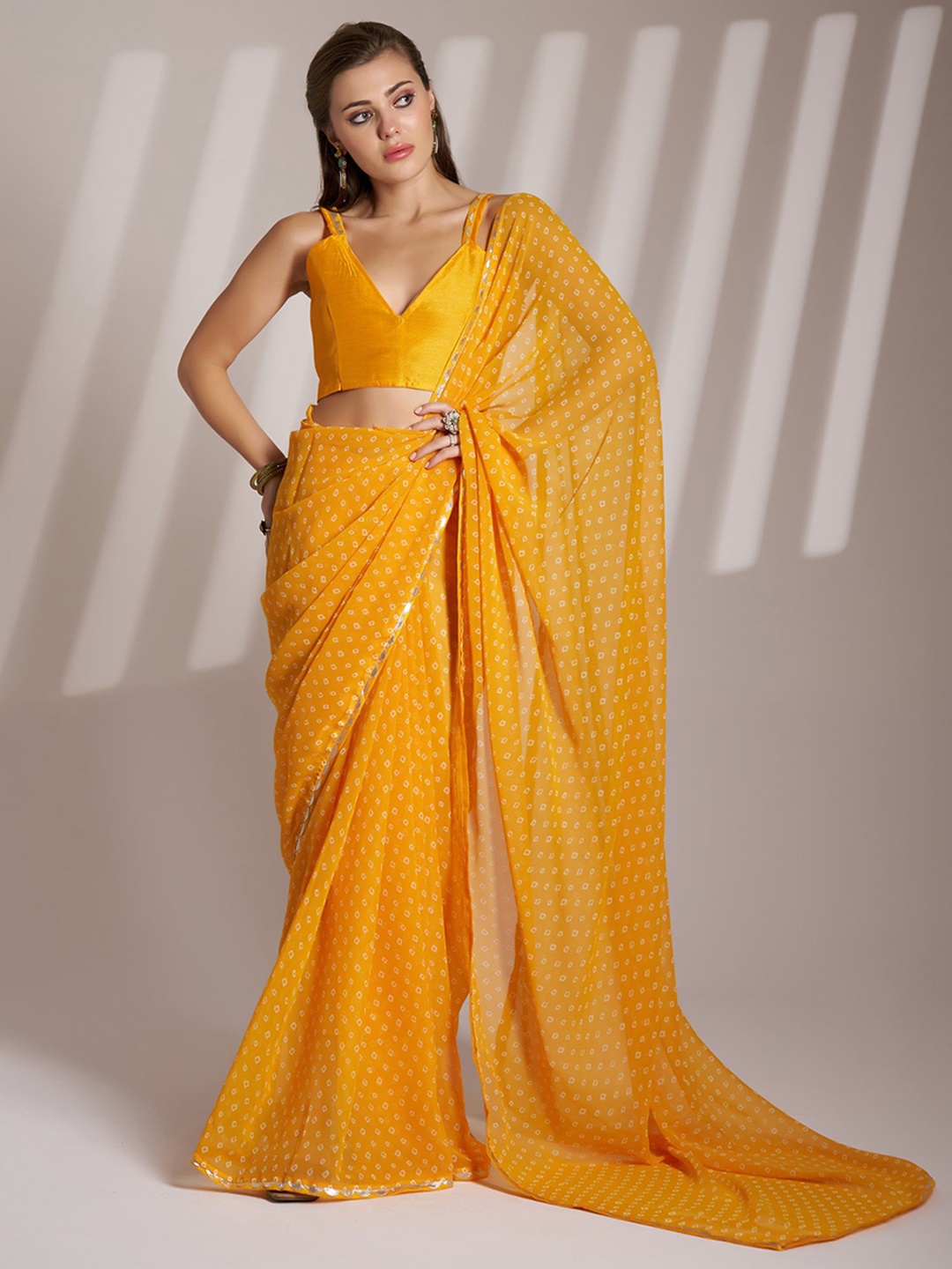 

MAHALASA Bandhani Embroidered Pure Georgette Saree, Yellow