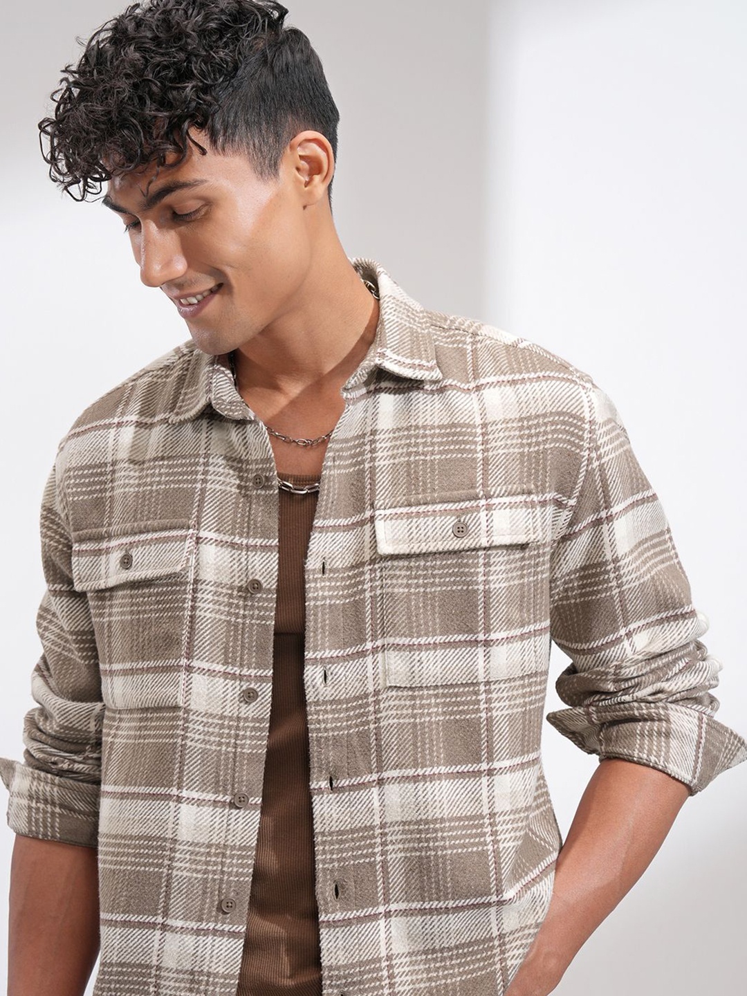 

HIGHLANDER Men Relaxed Fit Spread Collar Tartan Checked Cotton Casual Shacket, Brown