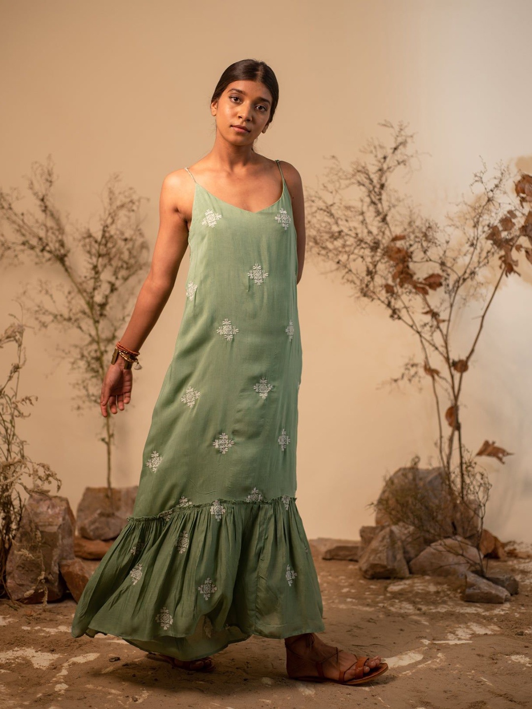 

Label Reyya Women Floral Embroidered Drop-Waist Maxi Dress, Green