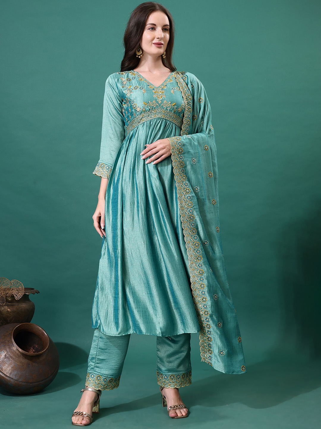 

KALINI Floral Embroidered V-Neck Empire Kurta With Trousers And Dupatta, Green