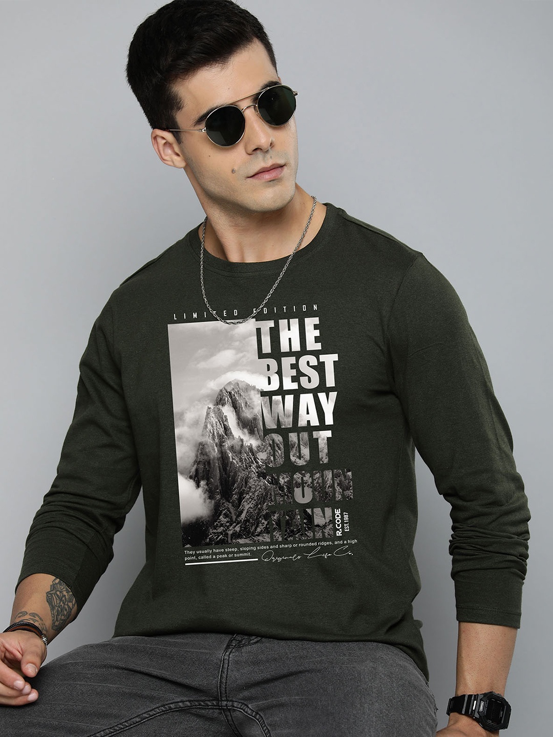 

R.Code by The Roadster Lifestyle Co. Men Graphic Printed Round Neck Cotton T-shirt, Olive