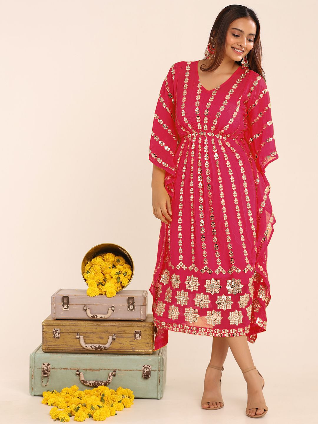 

THE BLESSED WARDROBE Women Embroidered Sequined V-Neck Kaftan Midi Dress, Pink