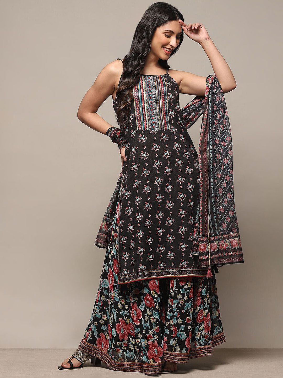 

Biba Floral Printed Shoulder Strap Mirror Work Linen Sharara With Dupatta, Black