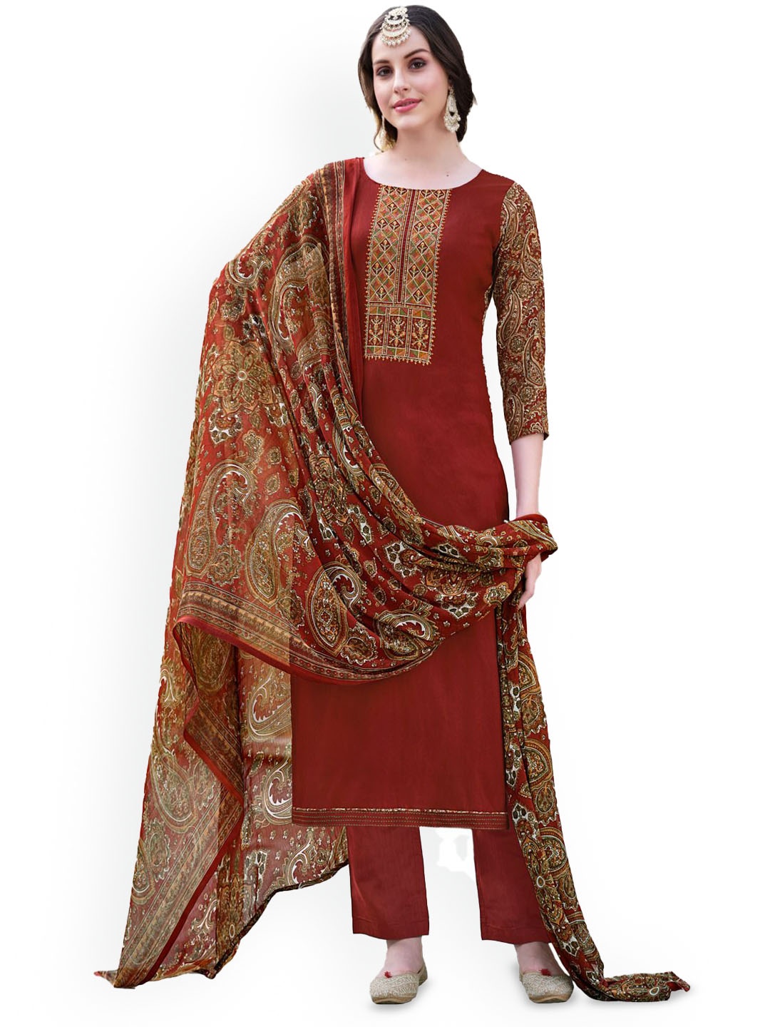 

DRAVINAM Trends Floral Printed Unstitched Dress Material, Maroon