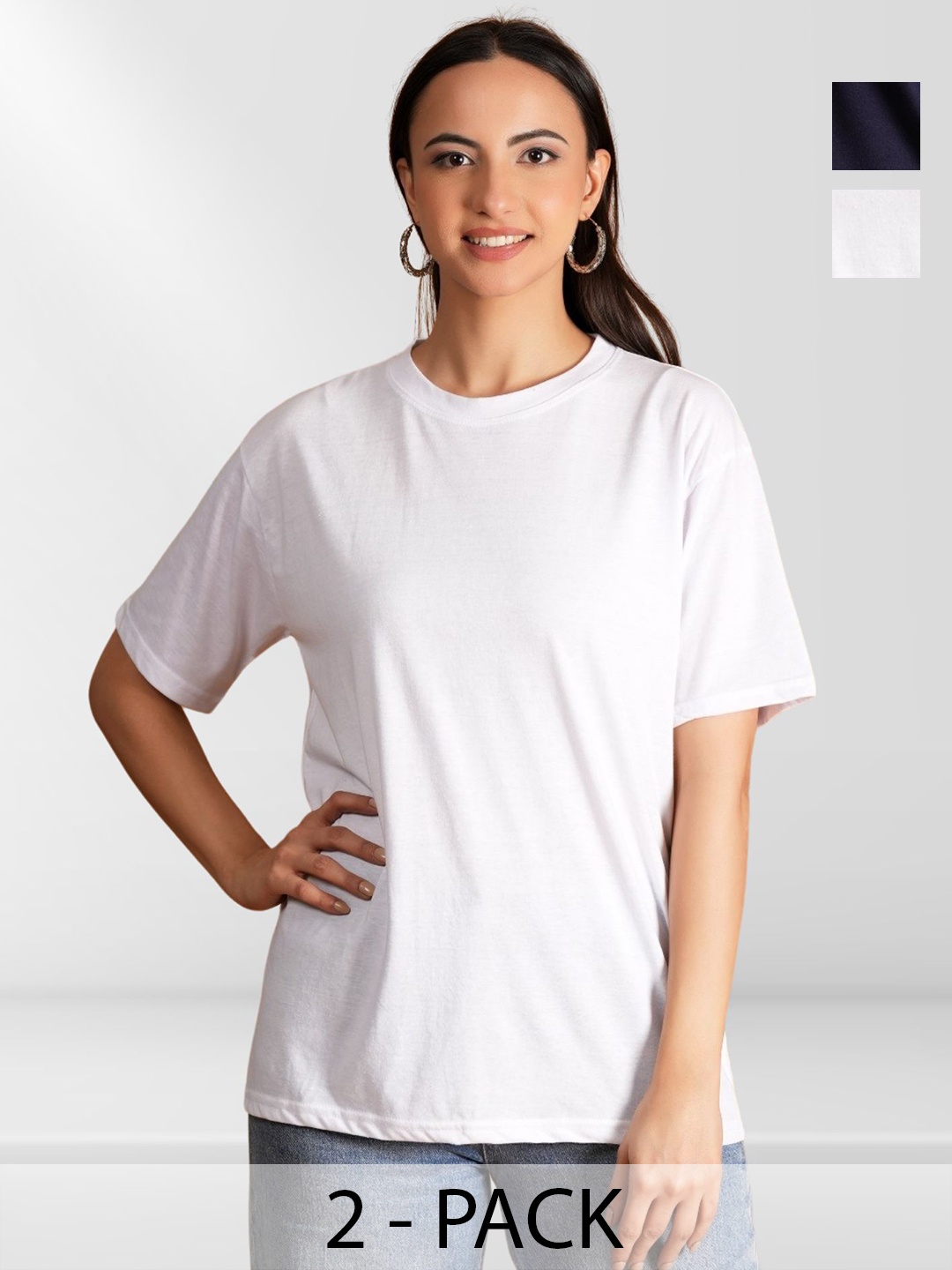 

Belfry Women Pack of 2 Solid Round Neck Cotton T-shirts, White