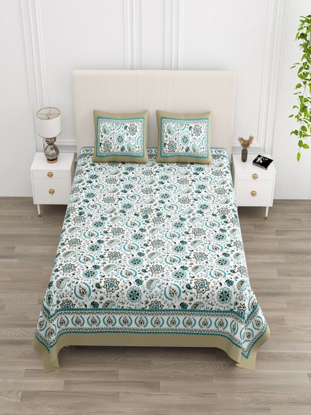 

tundwal's White & Blue Floral 210 TC Cotton King Bedsheet Set 2.2 m x 2.74 m