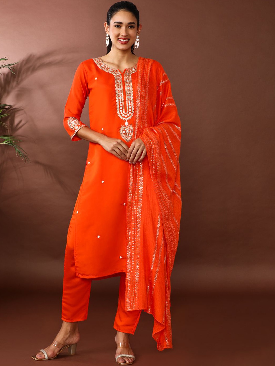

Jaipur Kurti Embroidered Notch Neck Kurta With Trousers & Dupatta, Orange