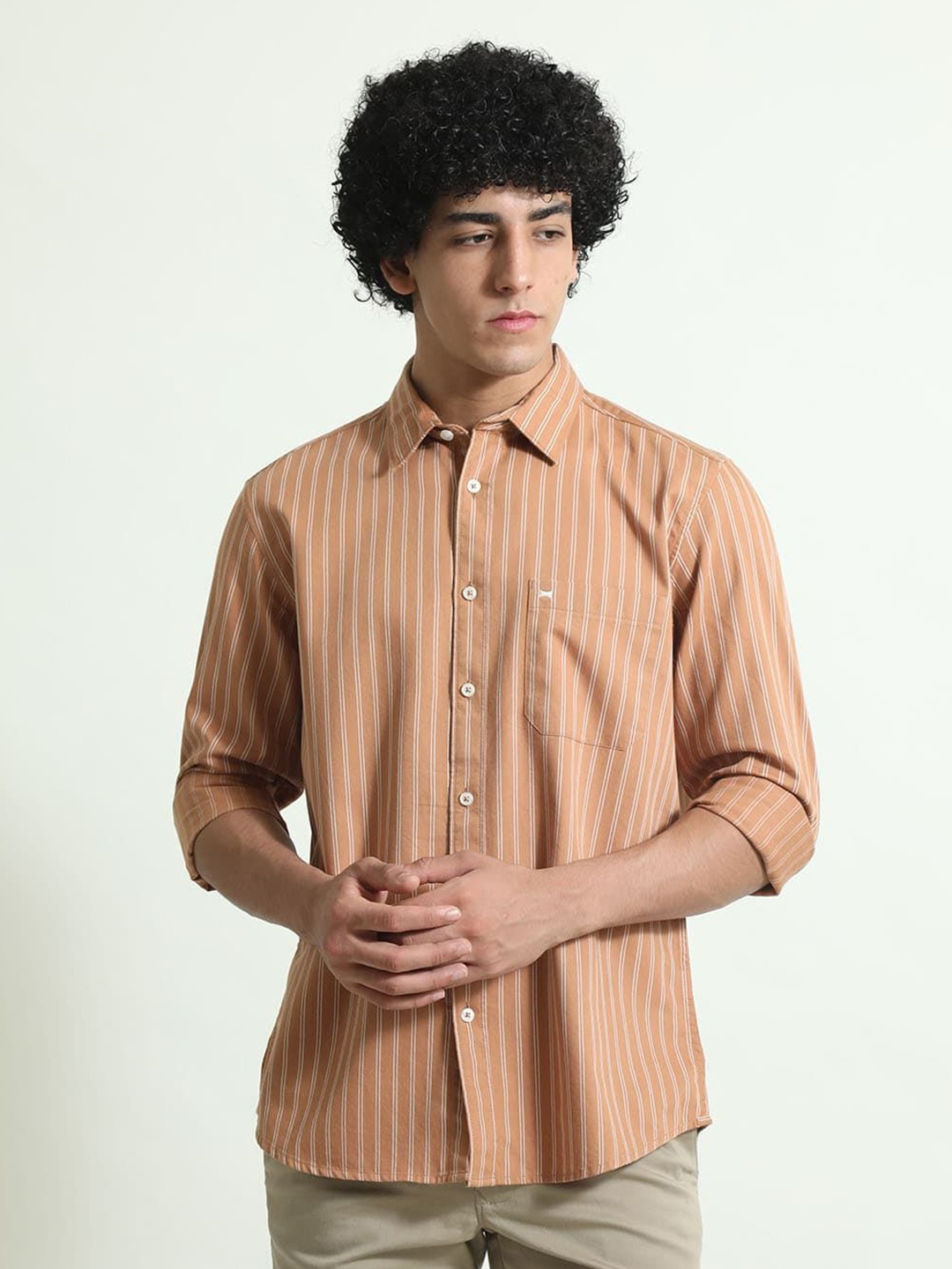 

Basics Men Slim Fit Spread Collar Vertical Striped Cotton Casual Shirt, Brown