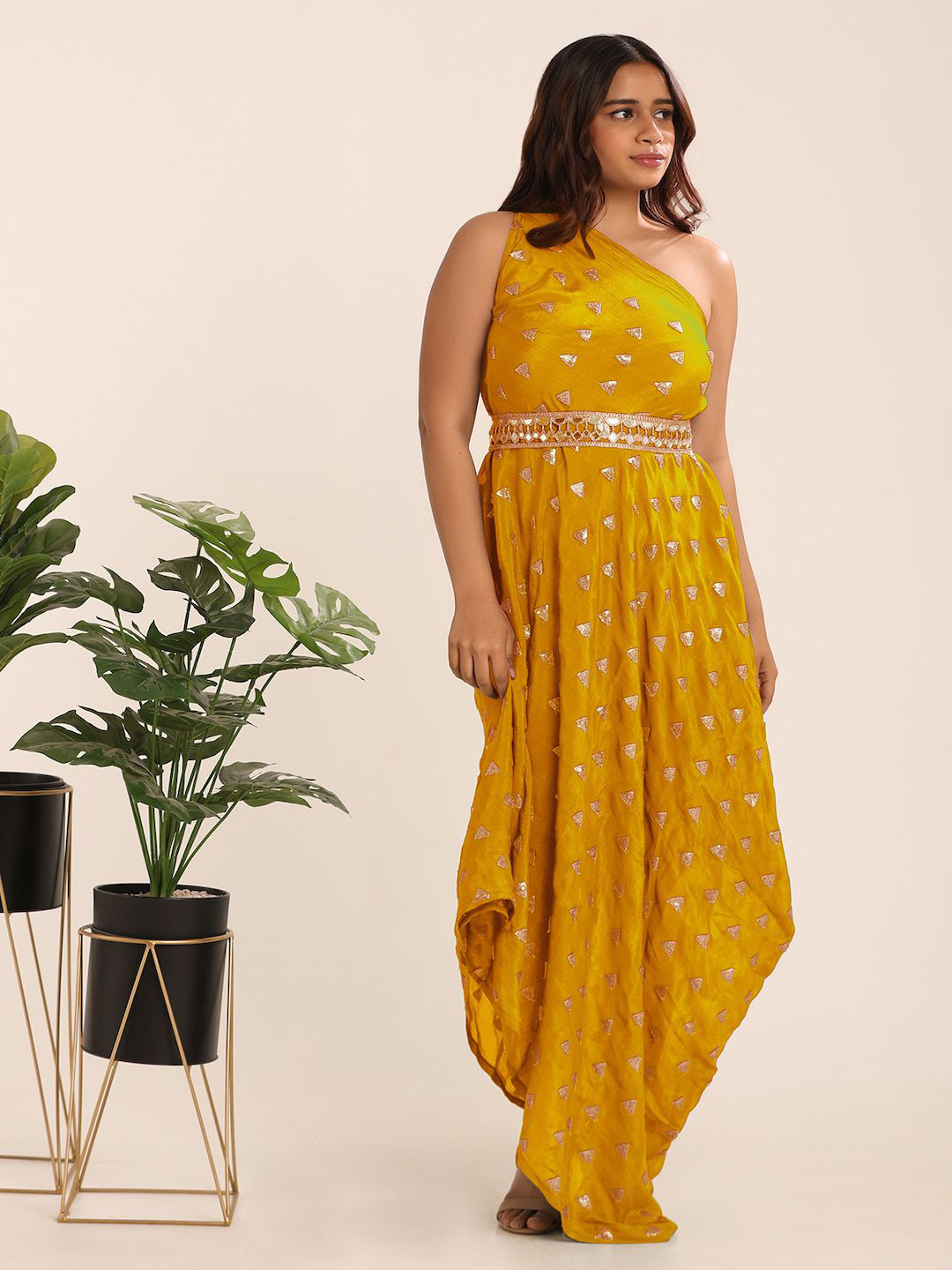 

THE BLESSED WARDROBE Women Embellished One Shoulder Georgette A-line Ethnic Dress, Yellow