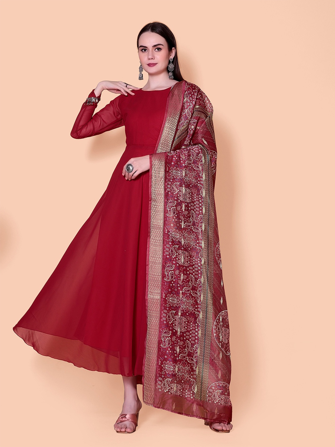 

Rinbin Women Georgette Maxi Gown Ethnic Dress with Dupatta, Red