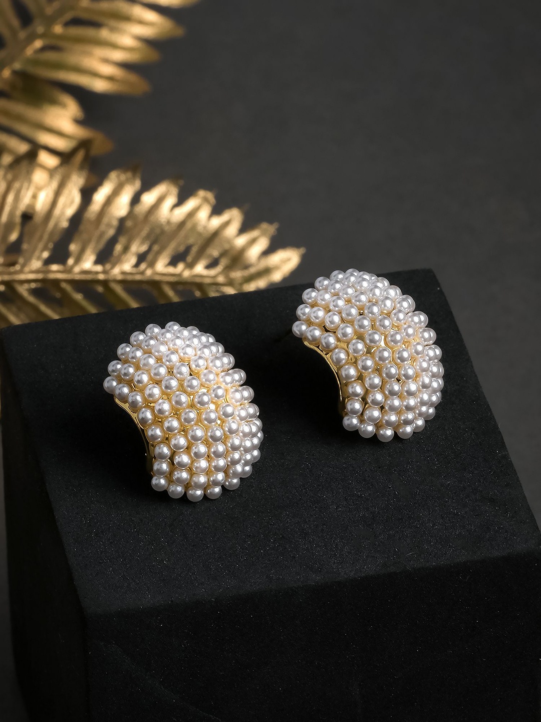 

Designbox Gold-Toned Spherical Shaped Pearls Half Hoop Earrings, Cream