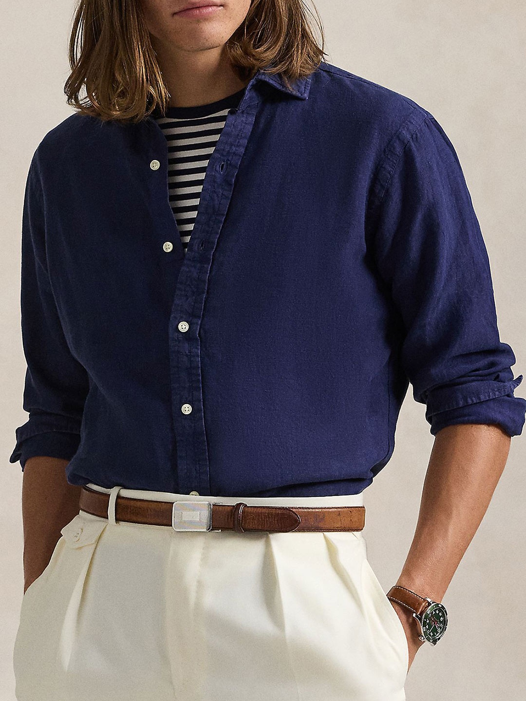 

Polo Ralph Lauren Men Slim Fit Spread Collar Solid Linen Casual Shirt, Navy blue