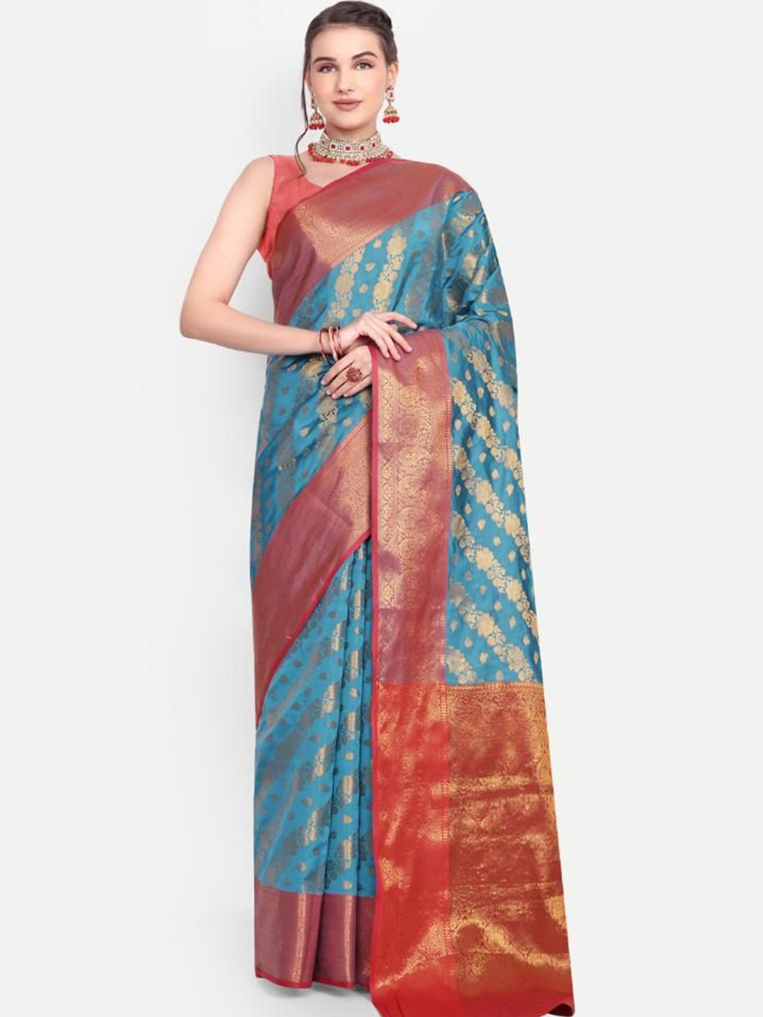 

AKSH FASHION Woven Design Zari Silk Blend Banarasi Saree, Turquoise blue